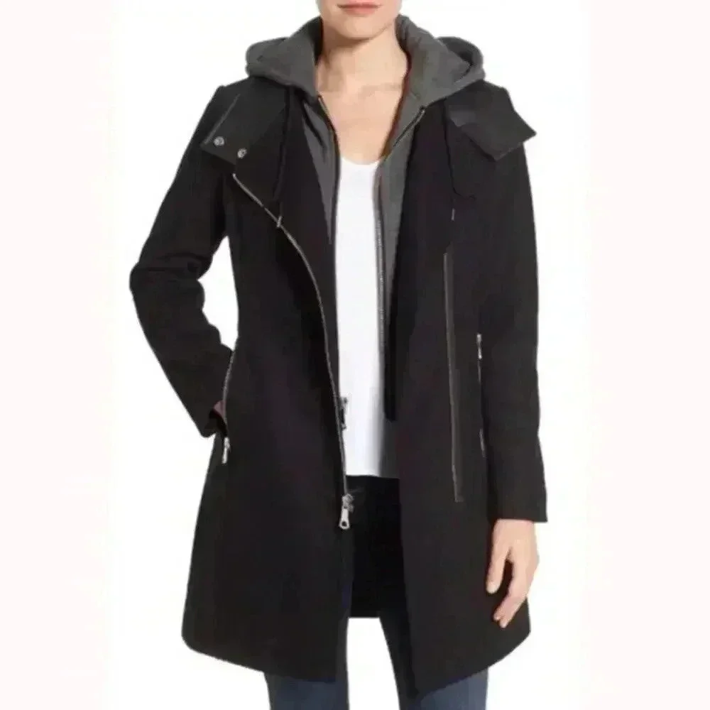 Laundry By Design Wool Front Zip Fit-and-Flare Black Peacoat Gold Hardware Sz S - Picture 1 of 14